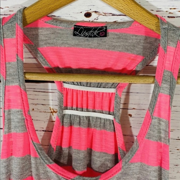 Lipstick Tank juniors Sz Medium Neon Hot Pink Gray Stripes Ladies Shirt Slimming - Picture 3 of 11